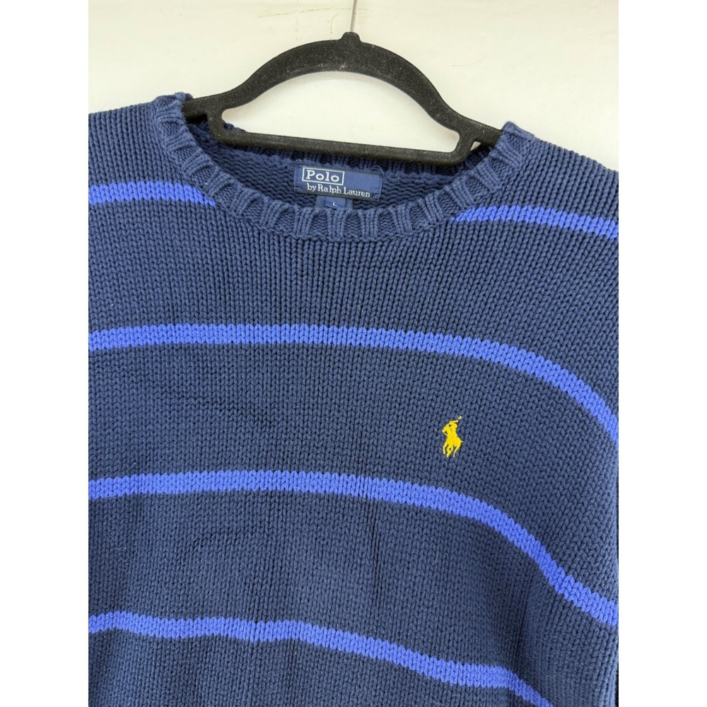 Vintage Polo Ralph Lauren Boys Blue Striped Cotton Knit‎ Crew Neck Sweater Large